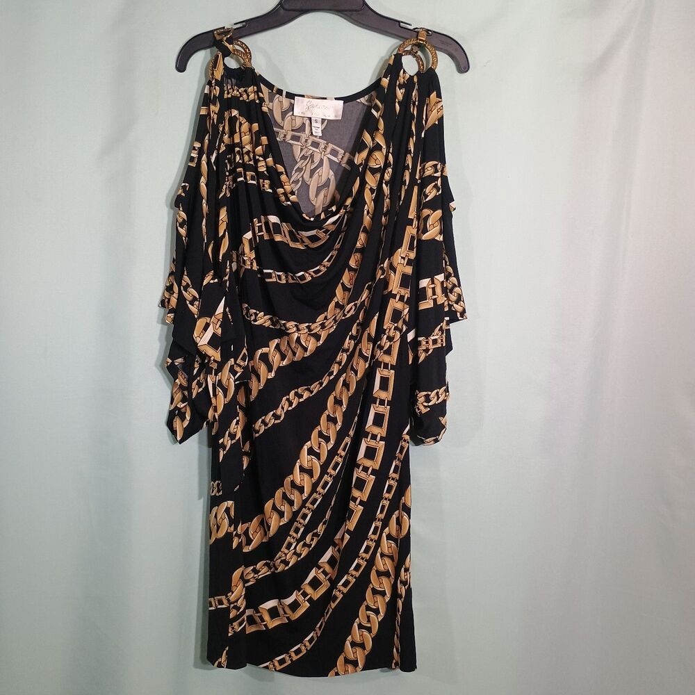 Women’s Black & Gold Chain Print Cold Shoulder Dress – Cowl Neck Ring Detail